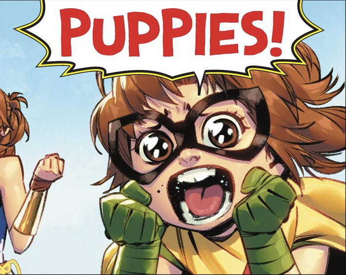 A wide-eyed girl screaming "PUPPIES!"